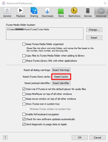 itunes edit preferences advanced reset cache