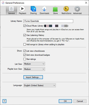 itunes edit preferences general import settings