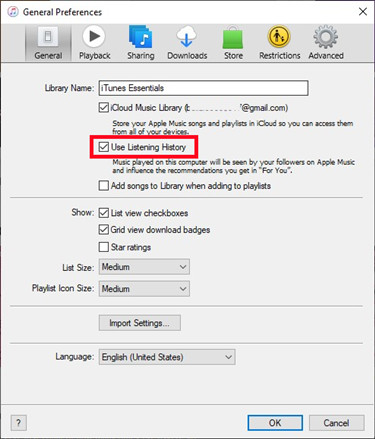 itunes edit preferences general use listening history