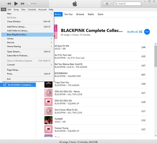 itunes file burn playlist to disc