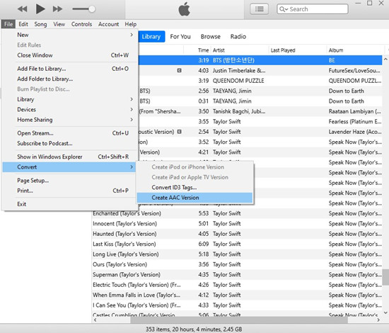 itunes file convert create aac version