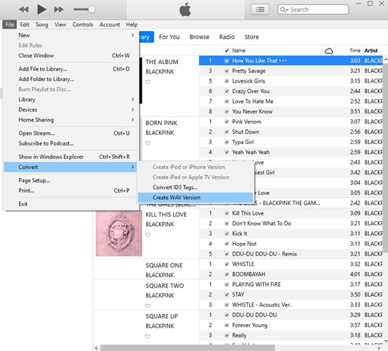 itunes file convert create wav version