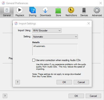 itunes import settings import using wav encoder