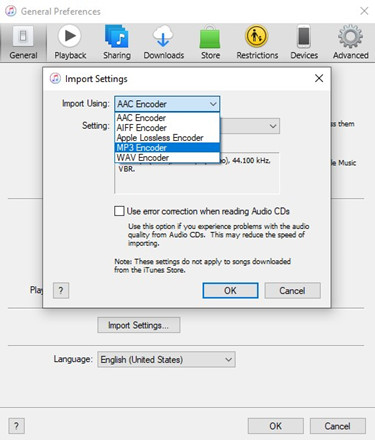 itunes import settings import using mp3 encoder