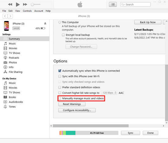 itunes iphone summary manaully manage music and videos