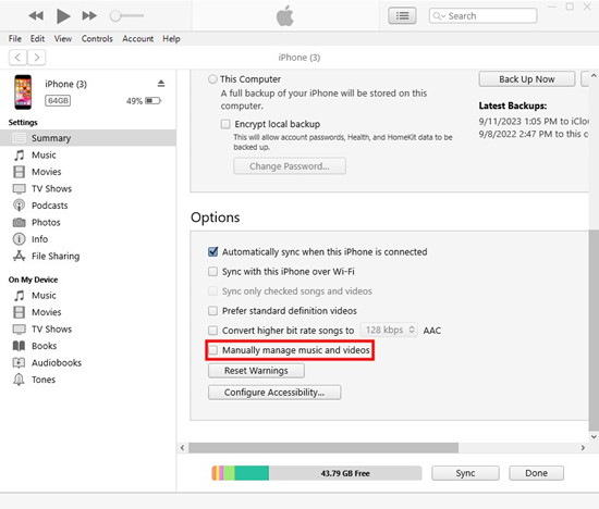 itunes iphone summary manually manage music and videos