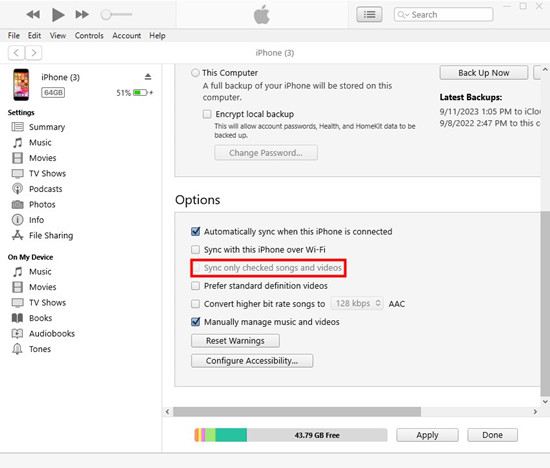 itunes iphone summary sync only checked songs and videos