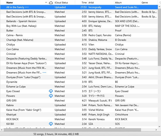 itunes library songs cloud status