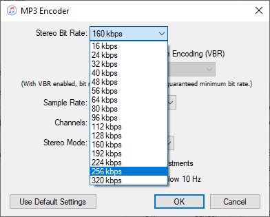 itunes mp3 encoder stereo bit rate 256kbps