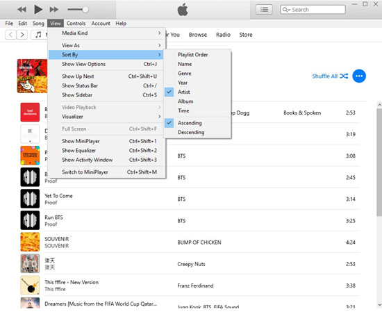 itunes music folder sort by