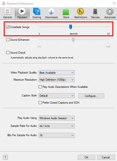 itunes playback preferences crossfade