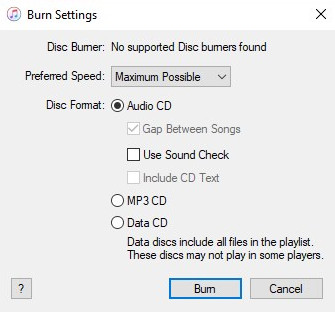 itunes playlist burn settings