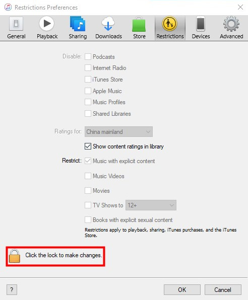 itunes restictions padlock locked