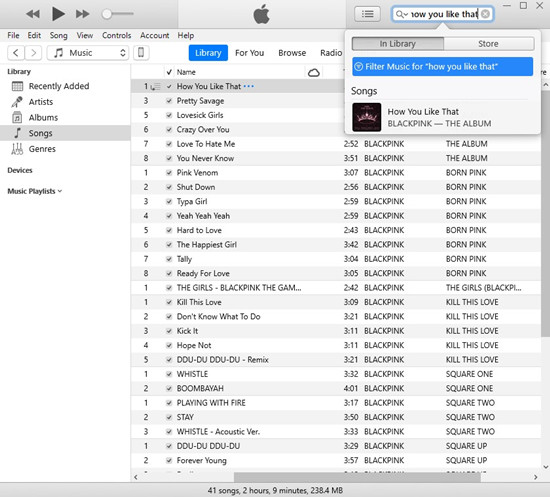 itunes search for songs in library