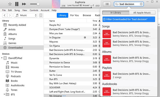 itunes search in library