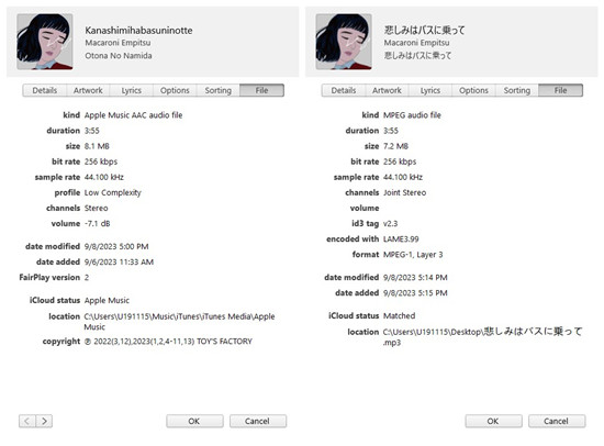 itunes song info file kind aac audio file vs mp3