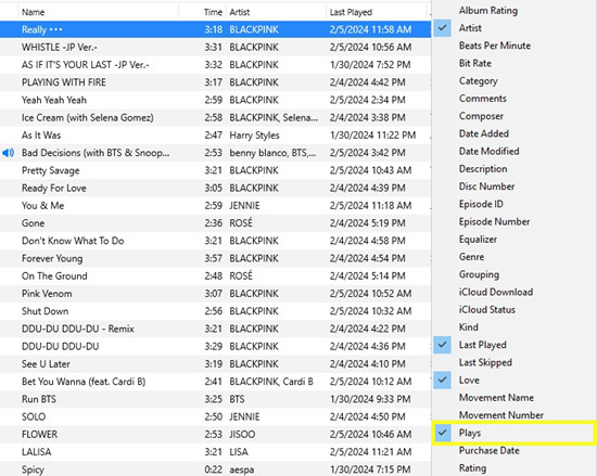 itunes songs customize column headers