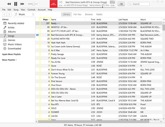 itunes songs customize plays column header