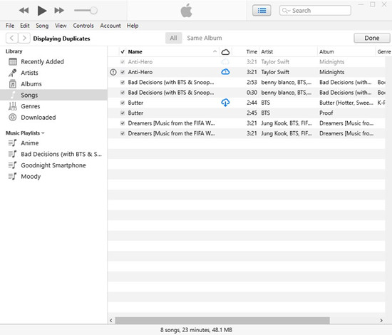 itunes songs displaying duplicates