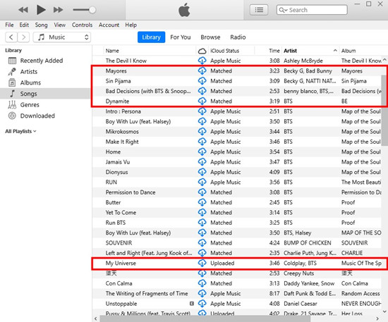 itunes songs icloud status