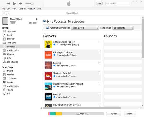itunes sync podcasts