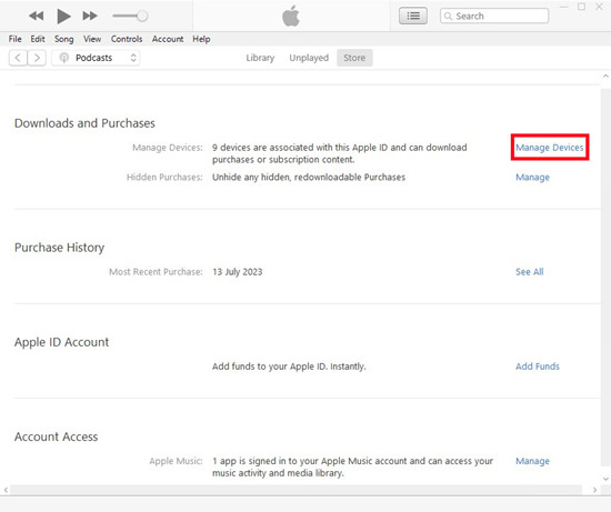 itunes view my account manage devices