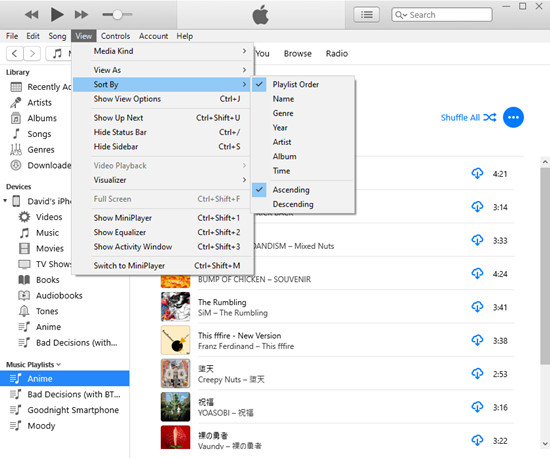 itunes view sort by