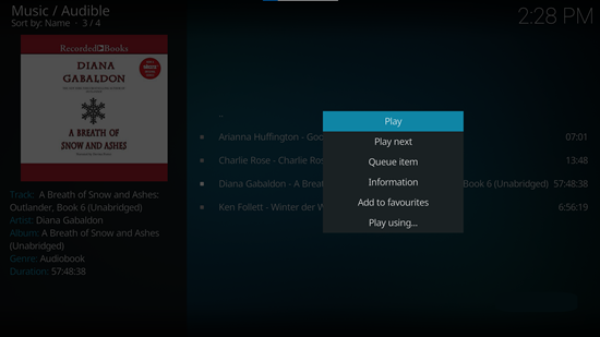 kodi added audible music options menu