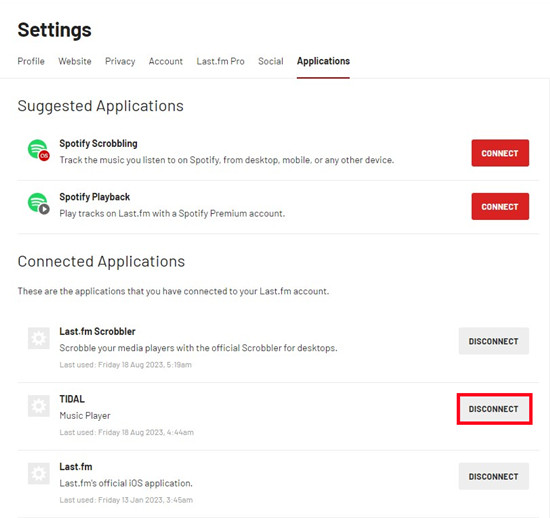 last fm applications settings connected application tidal disconnect