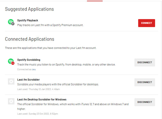 last fm settings connected applications spotify