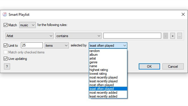 creat a least often played samrt playlist in itunes