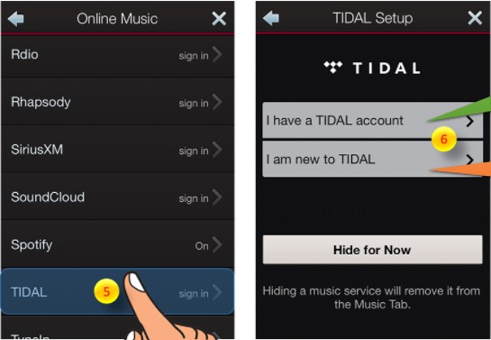 log in tidal account to heos app