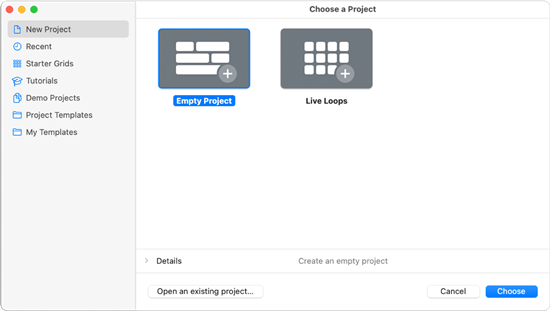 logic pro project chooser