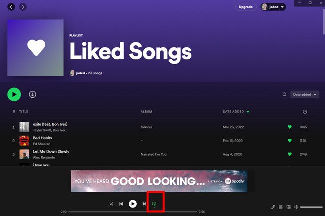 how to loop a song on Spotify for desktop