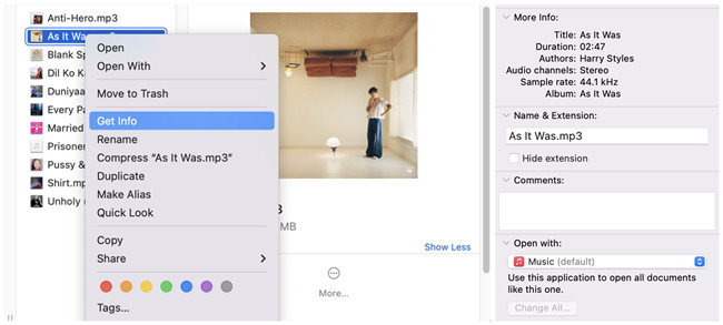 mac finder music file get info open with