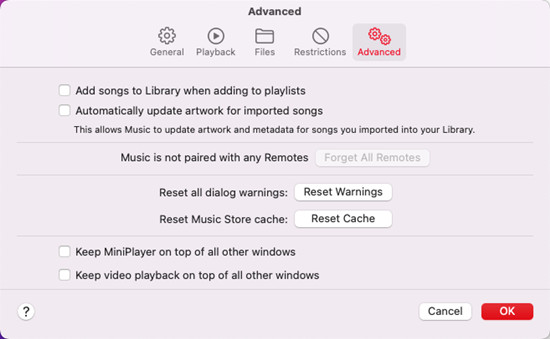 mac music advanced reset cache