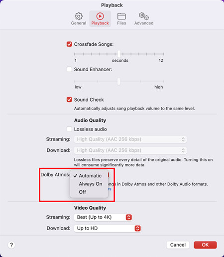 mac music perferences playback dolby atmos