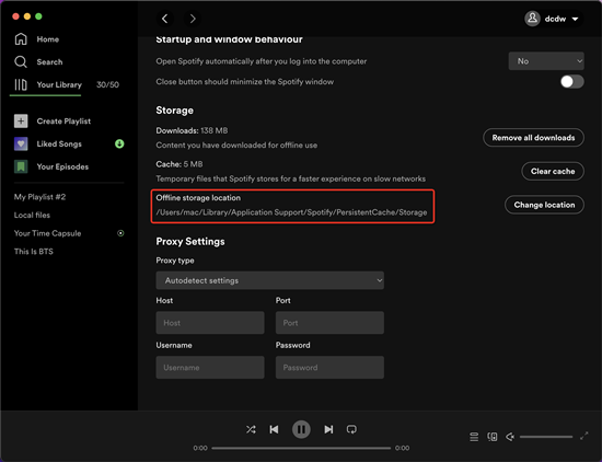 mac spotfiy settings offline storage location
