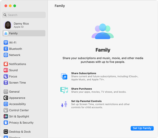 macos ventura system settings family set up family