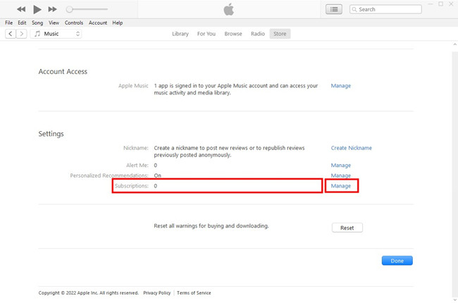 manage account in iTunes