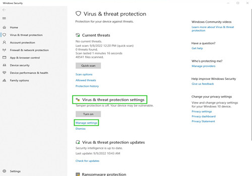 manage settings virus threat protection