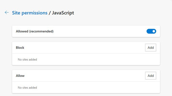 microsoft edge settings site permissions javascript