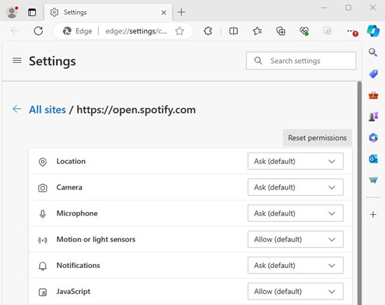 microsoft edge spotify web player site settings