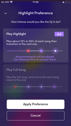 mixonset smart mix settings
