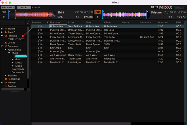 mixxx add music tracks to playlist