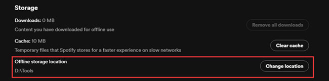 offline storge location in spotify settings