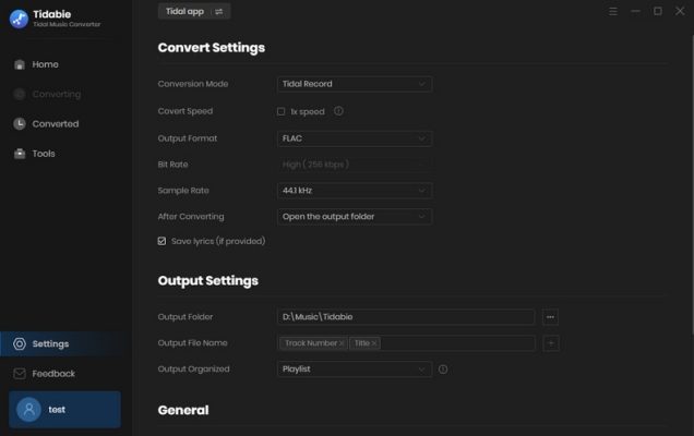 output settings on tidabie converter