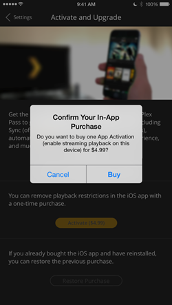 plex ios app in app purchase confirm