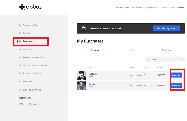 qobuz my purchases section