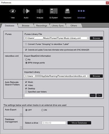 rekordbox file preferences advanced itunes itunes library file